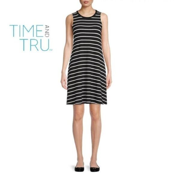 Time and‎ Tru Women's Striped Print Sleeveless Knit Dress  with 2 Side pockets - Picture 1 of 8